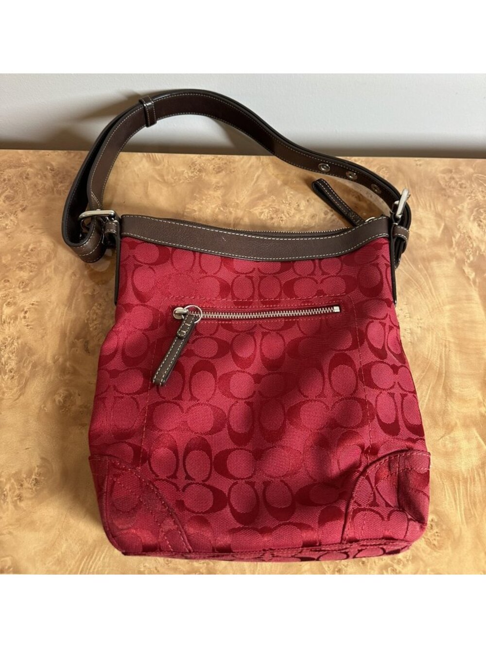 Coach Signature Jacquard Zip Top Shoulder Hobo Bag Red Brown F12362 - Picture 7 of 9